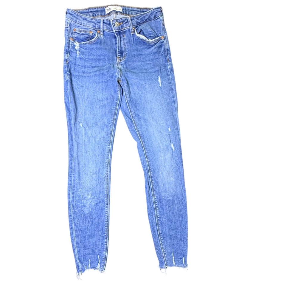 Zara The Skinny Island Blue‎ Jeans Size 6 Distressed Frayed Hem Denim